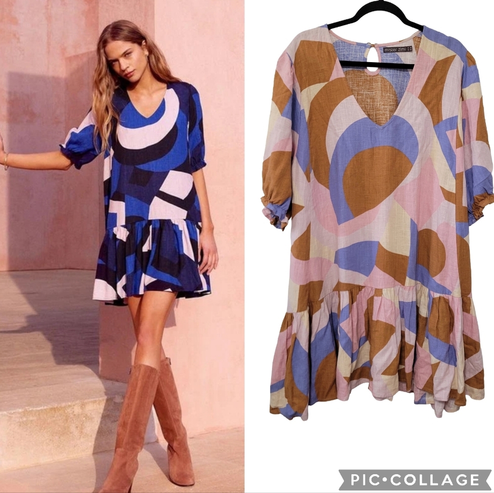 Mister Zimi Rosa Dress in Jacaranda Print Size 12 US Abstract Linen Blend Ruffle